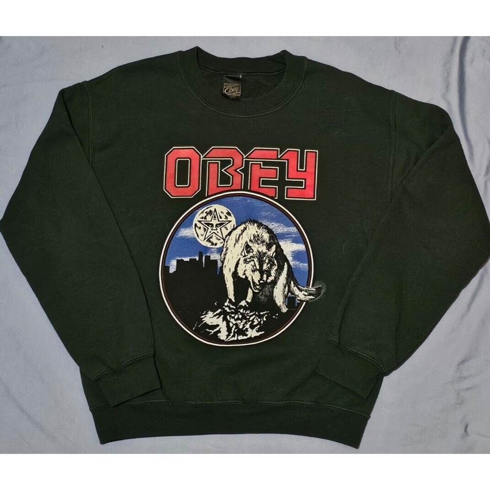 VTG Obey Sweater Mens Small Wolf‎ Moon Crew Neck Pullover RARE